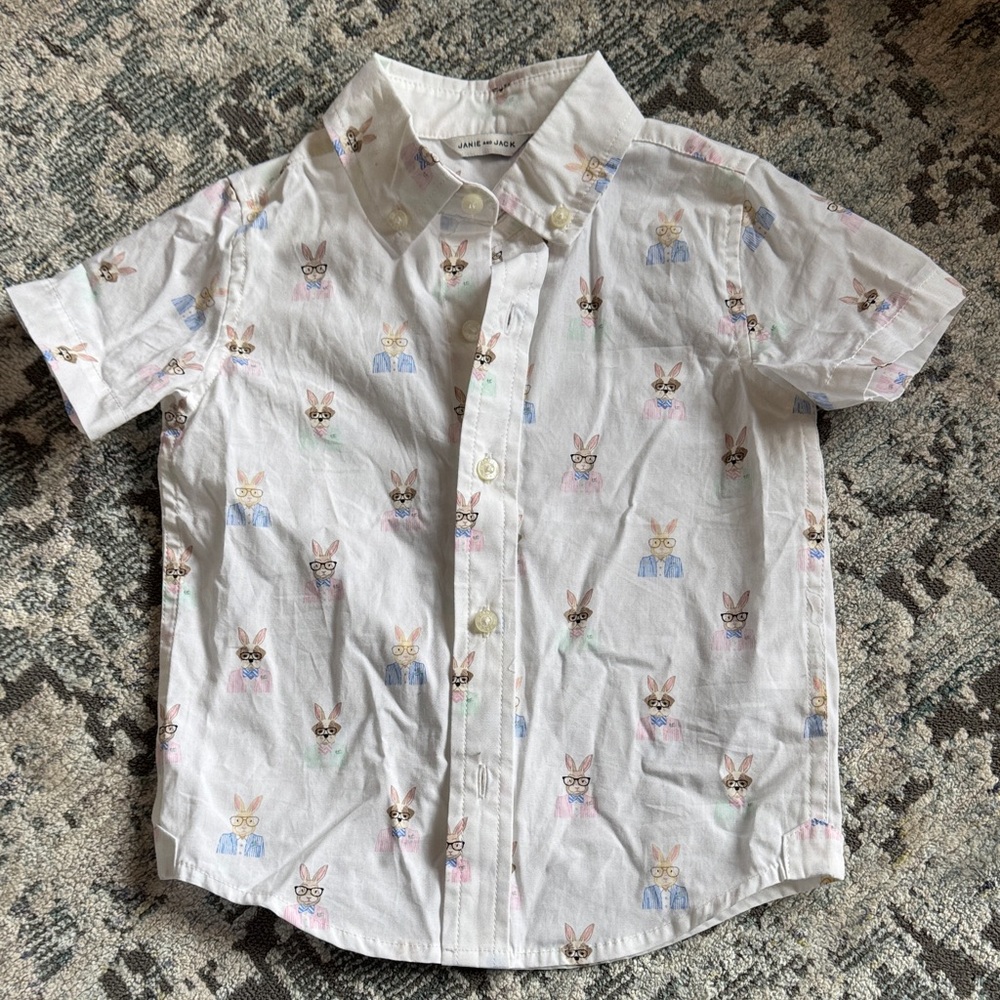 Janie and Jack White Bunny Print Button Down Shirt